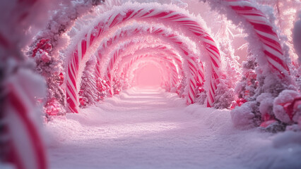Candy cane archway adorned with pink ornaments and snow-covered trees in a winter wonderland