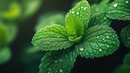 Close-up of mint leaves with fresh dew drops glistening in soft lighting