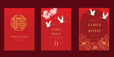 Red Chinese wedding card vector set. Luxury invitation card design with cherry blossom, peony flower, crane bird, frame. Illustration for vip cover, poster, rsvp modern card, Chinese New Year.