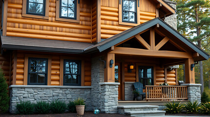Obraz premium Luxury Log Cabin Home with Stone Porch and Rustic Design. Cozy and comfortable exterior architecture with modern and contemporary elements. Ideal for real estate and home design inspiration.