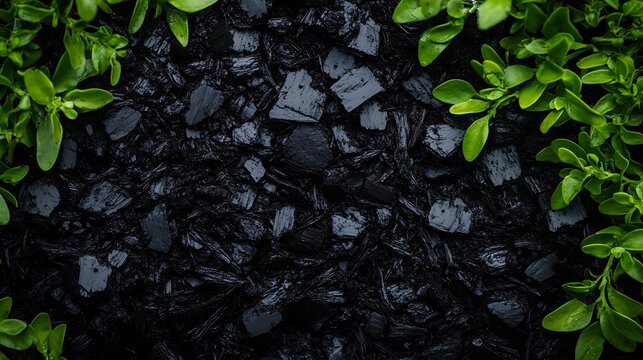 Dark organic biochar soil surrounded by green plant roots