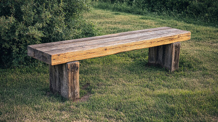 Wooden bench sits quietly on grass in a peaceful outdoor setting near trees