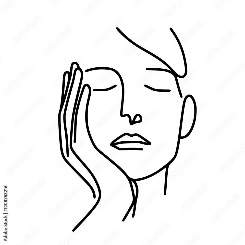 Poster a simple contour vector drawing of a face resting on a hand, on a white background, done in a minima