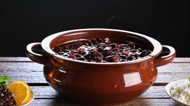 Brazilian feijoada served in a traditional clay pot with garnishes

