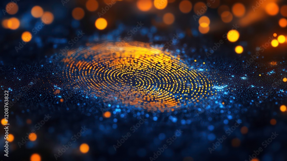 Poster abstract blue fingerprint mesh network and data flow in cyberspace with orange and yellow bokeh