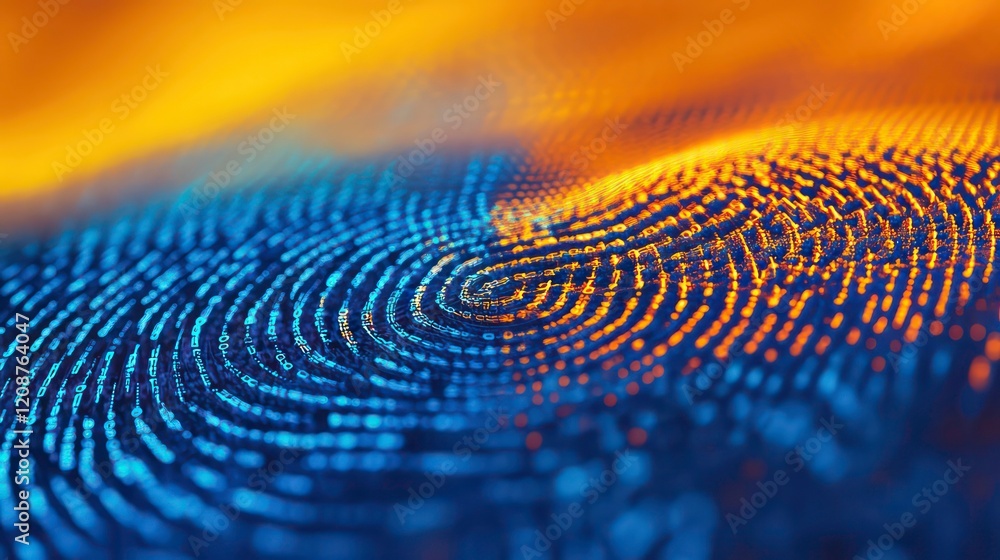 Poster abstract blue fingerprint mesh network and data flow in cyberspace with orange and yellow bokeh