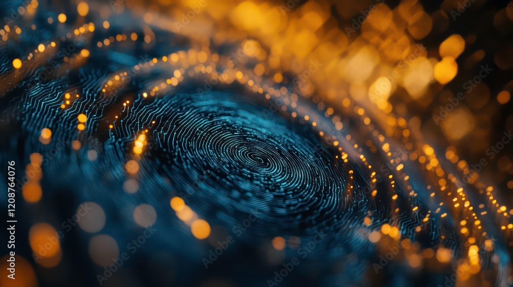 Poster abstract blue fingerprint mesh network and data flow in cyberspace with orange and yellow bokeh