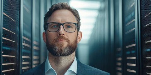 Data Center Chief Technology Officer on an abstract futuristic background Information Digitalization Lines, Servers. SAAS, Cloud Storage, Online Service