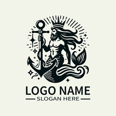 Mermaid King with Anchor Logo Design, Underwater King Logo
