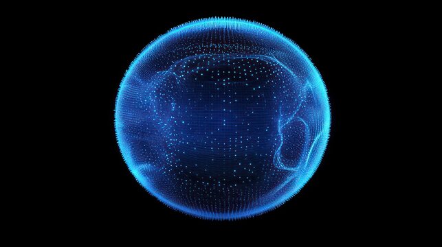 Abstract blue sci-fi glitch sphere with particles and lines. Technology network connection on world. Futuristic vector illustration. Global digital connections ai. 3D wireframe geometric sphere.