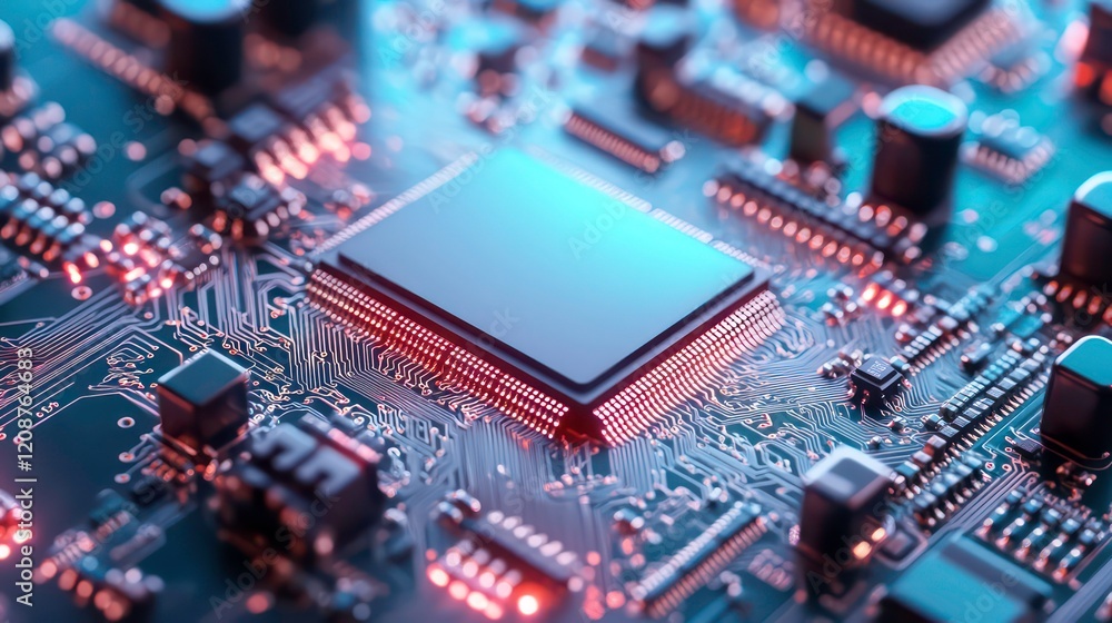 Poster abstract circuitry technology of electronic computer hardware on a background of circuit board