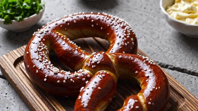 German pretzel with coarse salt served on a wooden board

