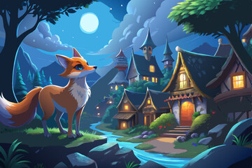 A charming and beautiful fox, againts a moonlit, in a breathtaking village vector art illustration