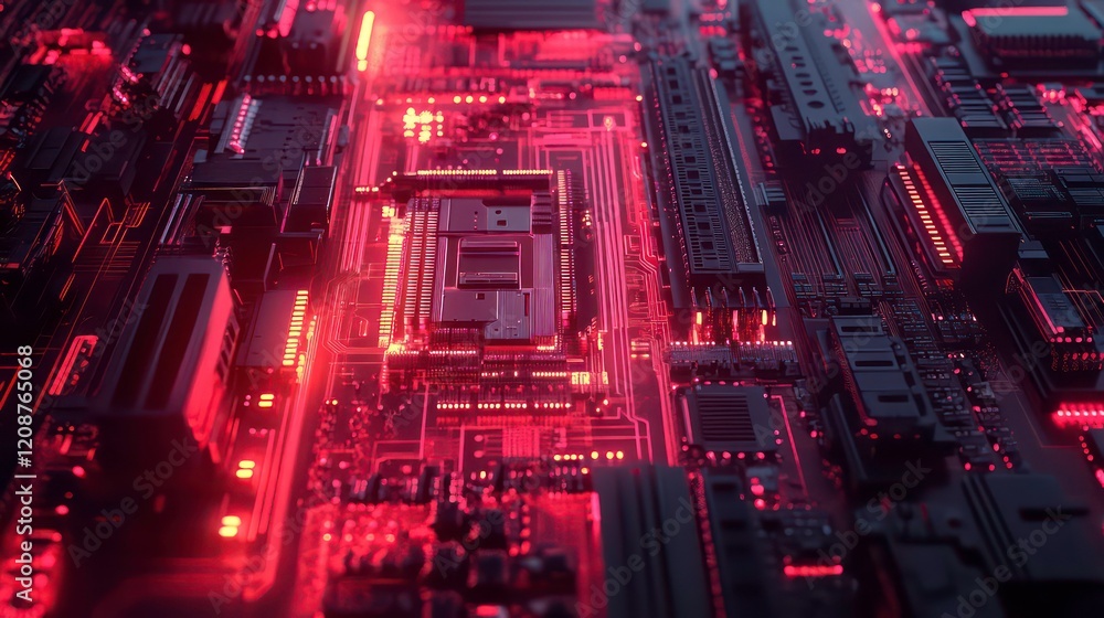 Poster abstract circuitry technology of electronic computer hardware on a background of circuit board