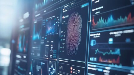 A digital interface displays biometric data, including a fingerprint analysis and various statistical graphs, highlighting advanced data analytics technology.