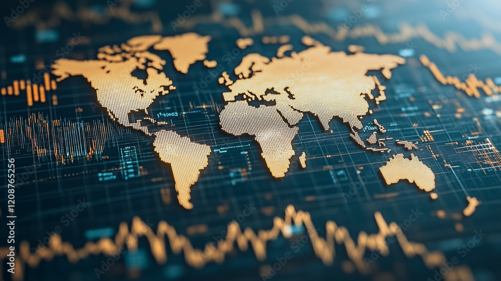 Poster global network data: a stylized world map overlaid on a complex network of data streams and graphs, 