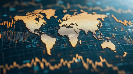 Global Network Data: A stylized world map overlaid on a complex network of data streams and graphs, representing global connectivity, data flow, and digital communication.
