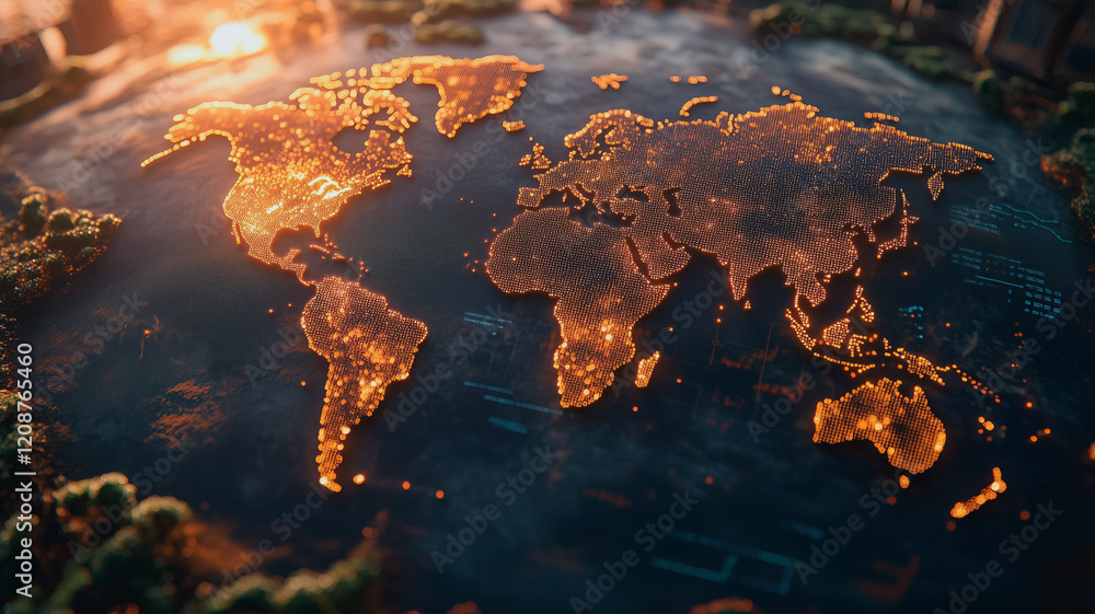 Poster global network at dawn: a fiery world map glows with warm light against a dark backdrop, representin
