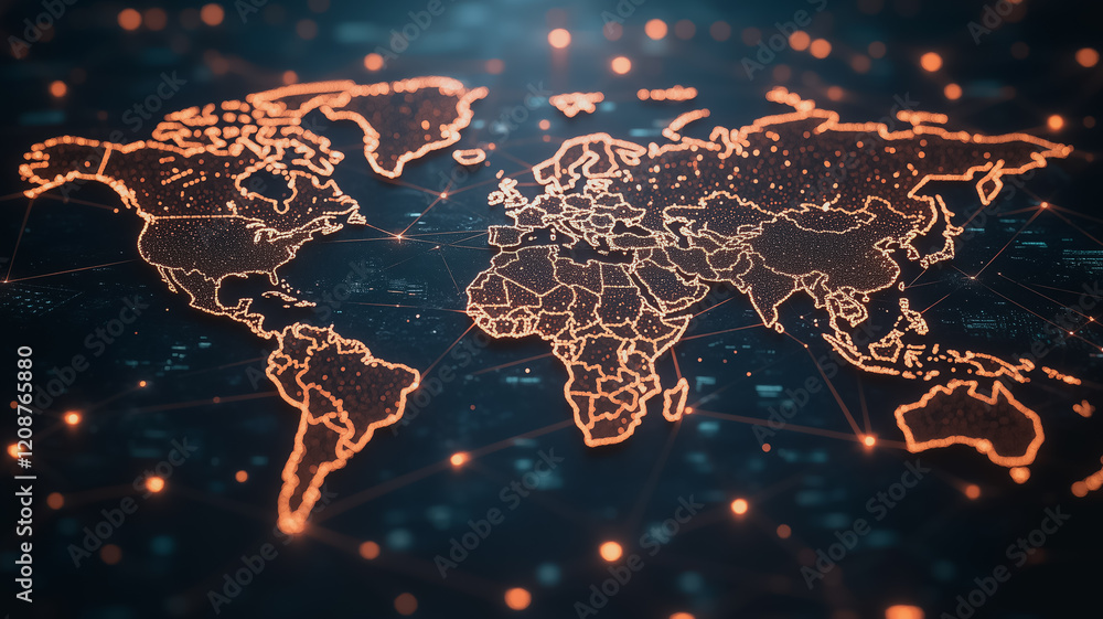 Poster global network: a stylized world map with glowing orange lines connecting countries, symbolizing glo