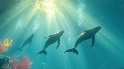 Fototapeta premium A family of humpback whales swimming gracefully in an ethereal underwater scene, rays of sunlight piercing the deep blue water, tiny bubbles glistening