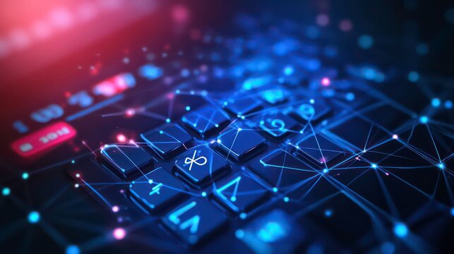 Abstract Digital Calculator Design on Blue Technology Background of Connected Dots and Math Geometry