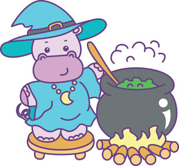 Cute hippo vector icon with Halloween theme. Funny baby hippo animal Halloween illustration.
