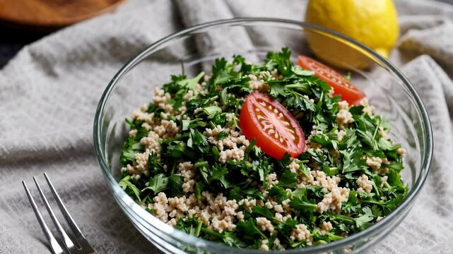 Lebanese tabbouleh salad with parsley, bulgur, and tomatoes served in a glass bowl

