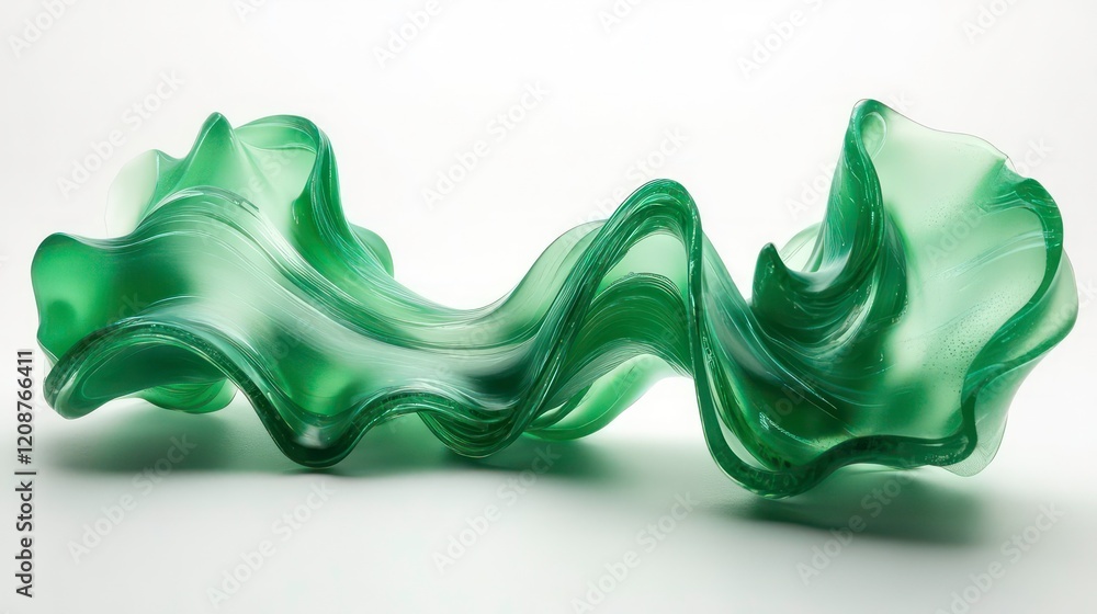 Poster abstract flowing forms of green gel with shallow depth of field isolated on white background