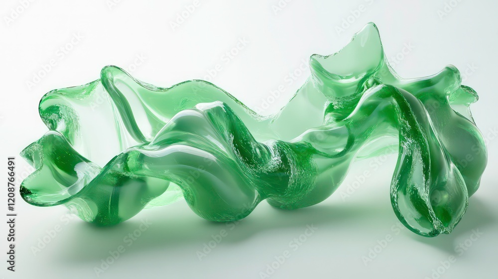 Poster abstract flowing forms of green gel with shallow depth of field isolated on white background
