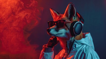 Naklejka premium Fox in sunglasses and headphones in trendy jacket on red and dark blue background