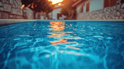 Sunset pool ripples, tranquil backyard view