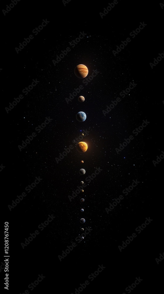 Poster solar system overview planets alignment in space digital art cosmic environment wide-angle view astr