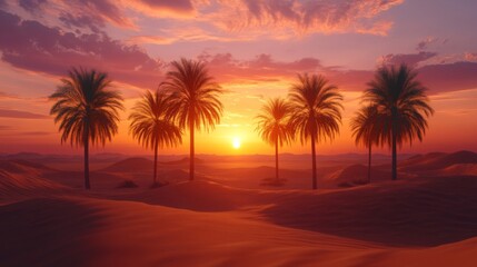 Desert Sunset Palm Trees Silhouette Landscape