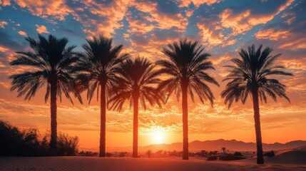 Obraz premium Desert Sunset Silhouette Of Palm Trees In Sand Dunes