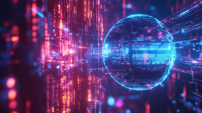 Abstract Futuristic Technology Background, Glowing Blue Sphere Data Connection Network
