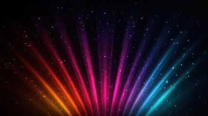 Colorful light beams radiate in dark space, creating vibrant abstract effect
