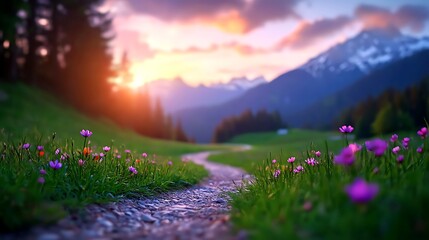 Scenic sunset trail through alpine meadow with wildflowers and mountains.