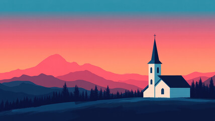 Naklejka premium Church steeple at sunset with scenic mountain backdrop
