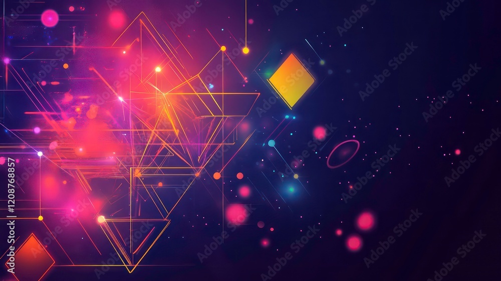 Poster abstract illustration of geometric shapes and structures in colorful neon colors and lights in cyber