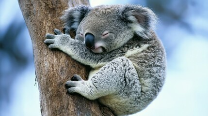 Naklejka premium Koala climbing tree in australia wildlife photography natural habitat close-up view