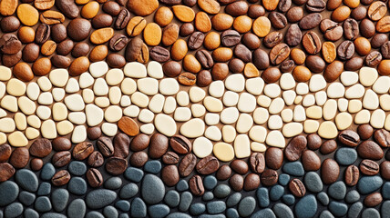Intricate design of coffee beans and stones in warm earth tones