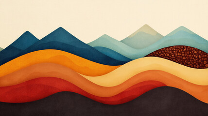 Colorful abstract landscape with mountains and coffee beans