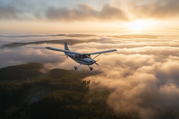 Fototapeta premium Sunrise flight over mountains, cloudscape