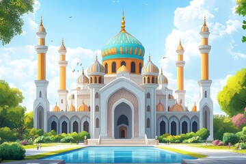 Grand mosque, ornate domes, tranquil reflecting pool.