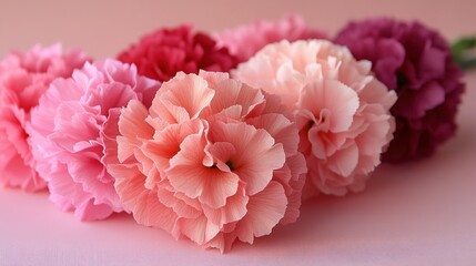 Fototapeta premium Beautiful arrangement of colorful carnation flowers in shades of pink and red set against a soft pink background, ideal for floral designs and elegant decor projects.