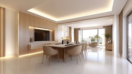Fototapeta premium A modern dining area featuring a sleek wooden table, elegant chairs, and large windows allowing natural light to illuminate the space.