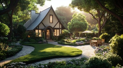 Fototapeta premium A charming cottage nestled in a lush garden, surrounded by trees, with sunlight filtering through foliage, creating a serene and inviting atmosphere.