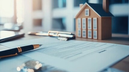 A pen, documents, and a miniature house on a table, symbolizing real estate transactions and property agreements.