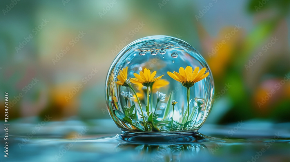 Poster flowers and bubbles create a serene display in a tranquil garden setting
