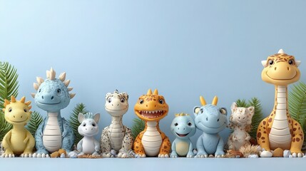 Charming Collection of Colorful Cute Cartoon Dinosaur Figurines Displayed Against a Soft Blue Background Surrounded by Green Leaves and Natural Elements